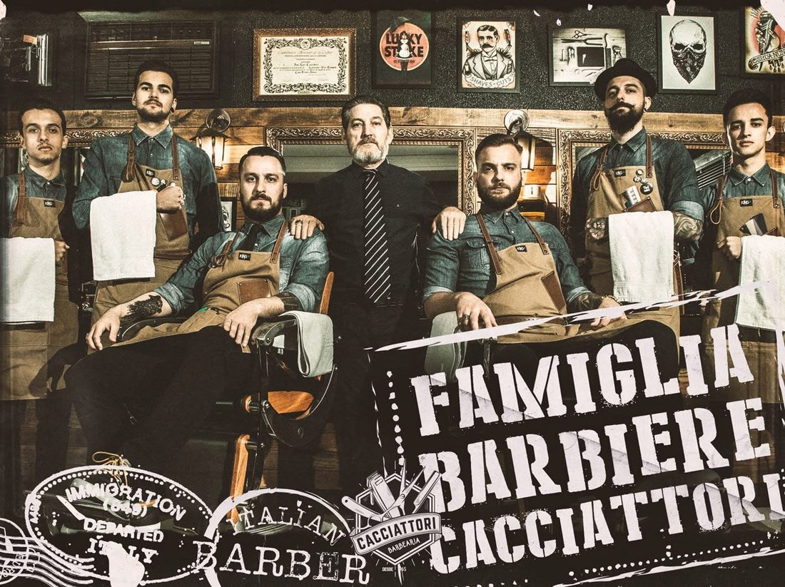 Família Cacciattori e equipe da barbearia